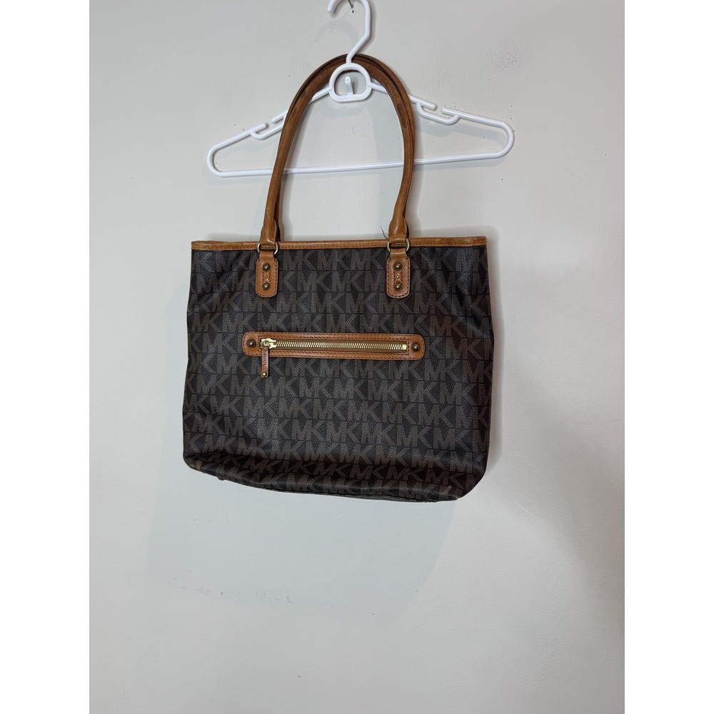 Michael Kors Tote Bag Womens Large Brown PVC Leather Shoulder Zip MK Logo Pocket - Picture 2 of 11